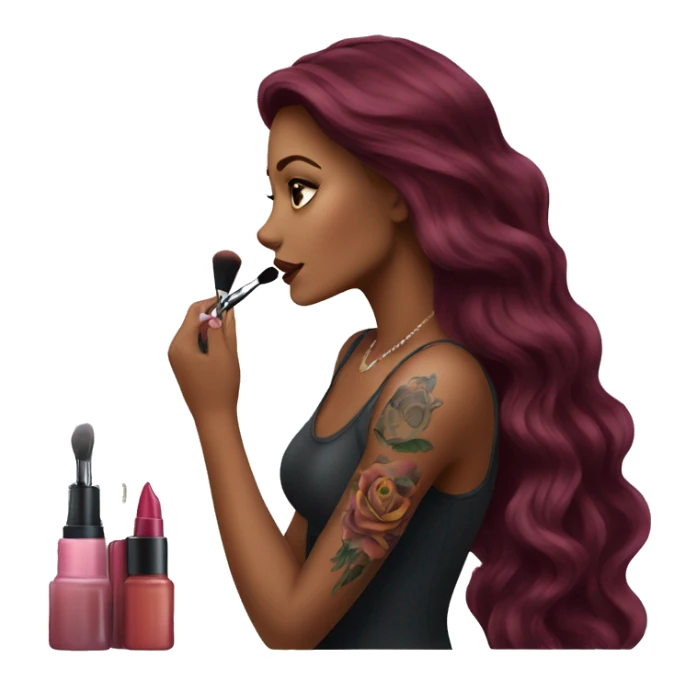Beautiful tattooed burgundy long haired woman doing her makeup sticker