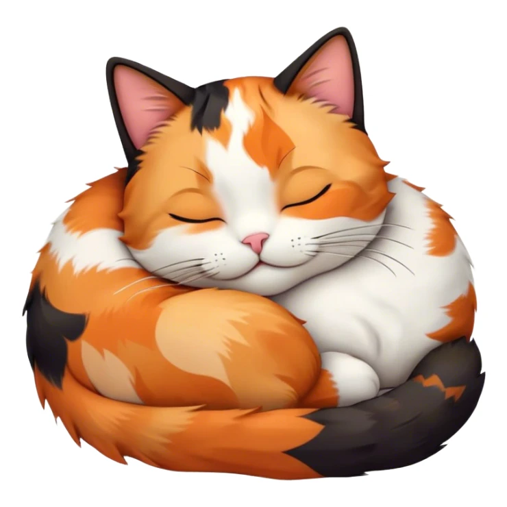Meme-Worthy Cute Sleeping Calico Cat Portrait Emoji, Head resting peacefully with a content, gentle smile and softly closed eyes, featuring a delicate patchwork fur in vibrant orange, black, and white hues, simplified yet irresistibly endearing, highly detailed, glowing with a soft, drowsy radiance, high shine, exuding relaxed and utterly lovable charm, styled with a gentle, soft glowing outline, capturing the essence of a sleeping calico cat that appears destined to become a viral icon of adorable rest! sticker