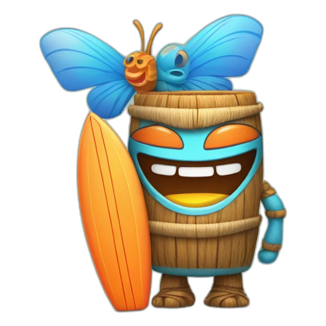 Cartoon Blue and orange smiling tiki with butterfly and surfboard sticker