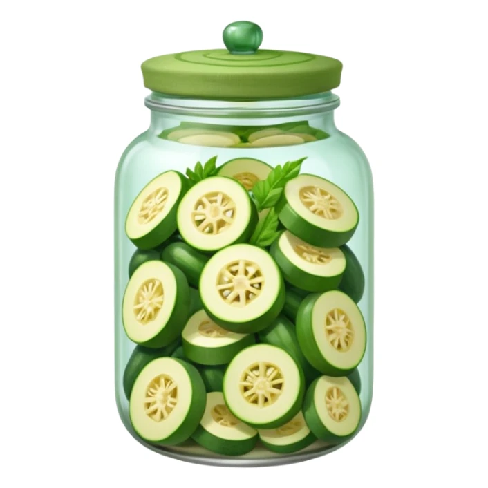 A homemade-style jar with sliced zucchini and herbs under a cloth cap.









 sticker