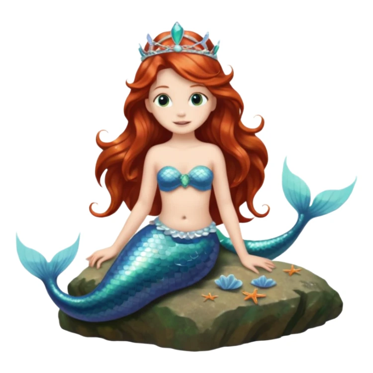 Mermaid with Shell Crown – Long flowing hair, shell tiar, sitting on rock sticker