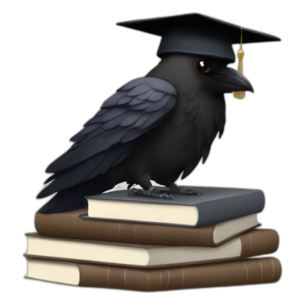 raven in student cap with a stack of gray and brown books sticker