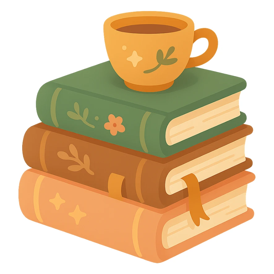 A cute stack of books with a cozy and magical vibe, each book bound in soft, harmonious colors: golden orange (FA9B41), forest green (4A7C5C), warm taupe brown (96775A), and pastel peach (FFCC9A). The books are slightly worn with rounded corners and decorative covers featuring tiny stars, floral motifs, or whimsical patterns. A ribbon bookmark peeks out from one, and a small cup of tea or magical trinket rests on top of the stack. The lighting is warm and gentle, with a dreamy, storybook feel. The overall scene feels inviting, charming, and gently enchanted sticker