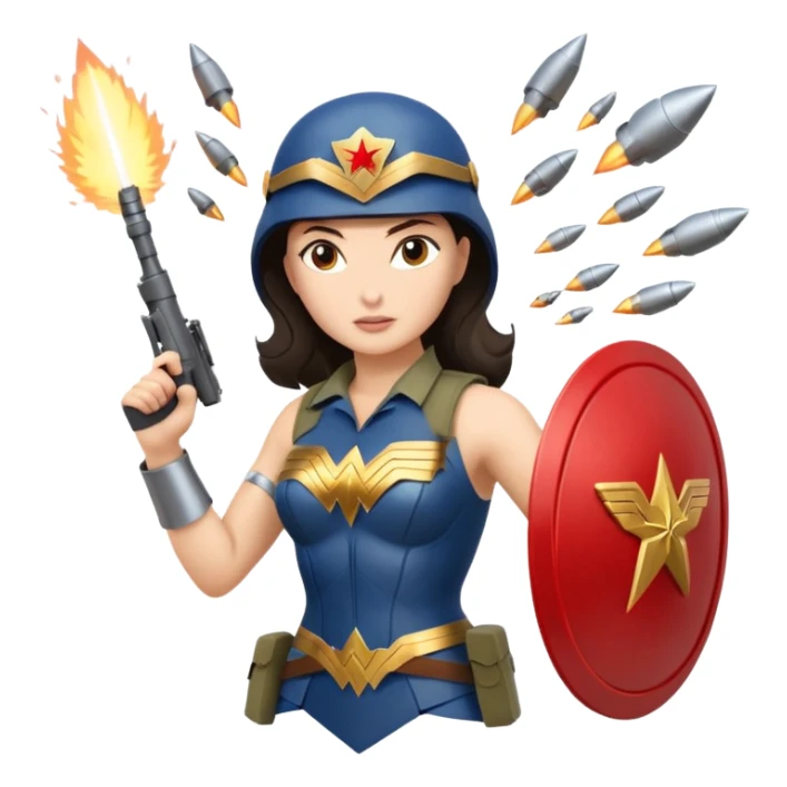 Female full confidence battle ready soldier heroically saving lives accompanied by Wonder Woman , with shelling happening all around sticker