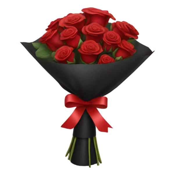 bouquet of red roses in a black package with a red Ribbon  sticker