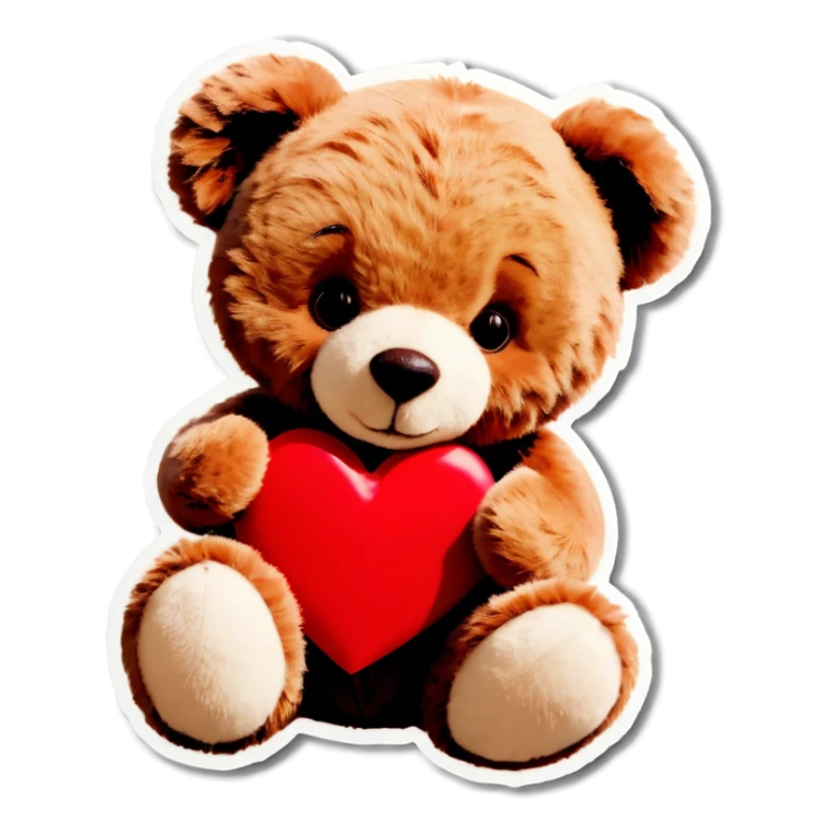 A photo Realistic teddy bear holding a red heart sticker