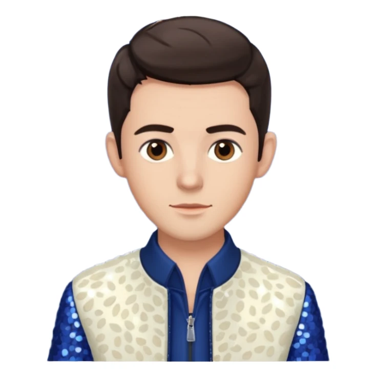 Jonathan Bailey with dark brown hair, brown eye, ivory sequin jacket, navy blue shirt sticker