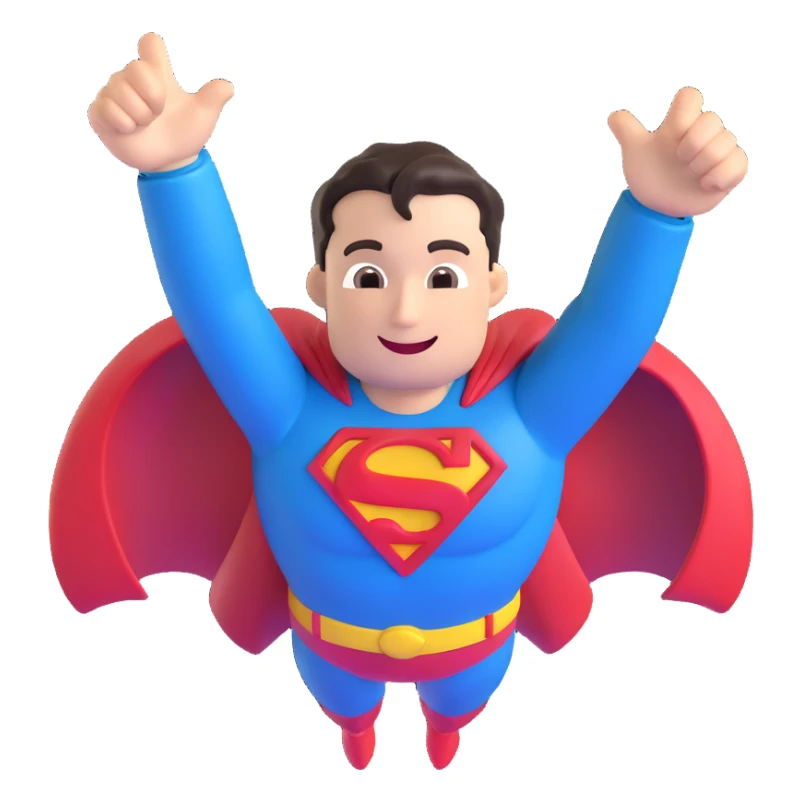 Superman smiling heroically with iconic S logo, floating in the air, 3D emoji style sticker