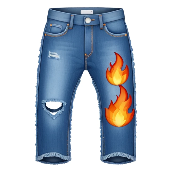 stylized fire emoji shaped like a pair of jeans, with flame textures and blue jean details, classic emoji style sticker