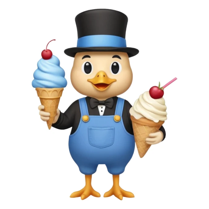 chicken in blue overalls and a black top hat, with an ice cream sundae sticker