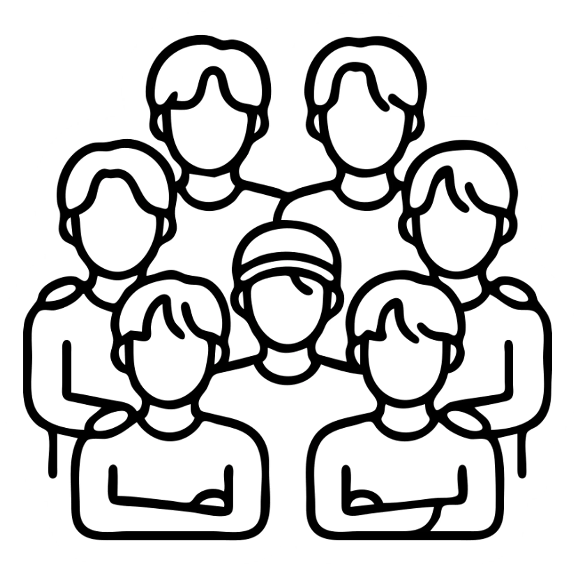 BTS K-pop group outlined icon style, simplified faces and hair, group pose, minimal background sticker