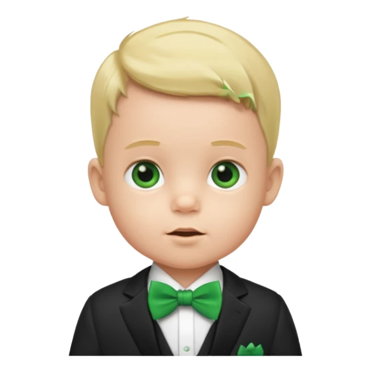 baby boy in suit, with green bow sticker