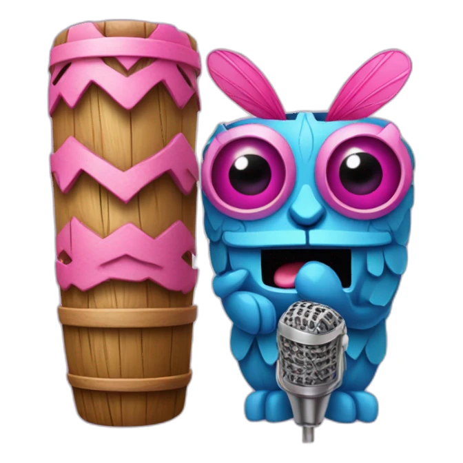 Cartoon Blue and pink tiki singing with butterfly and mikrophone sticker