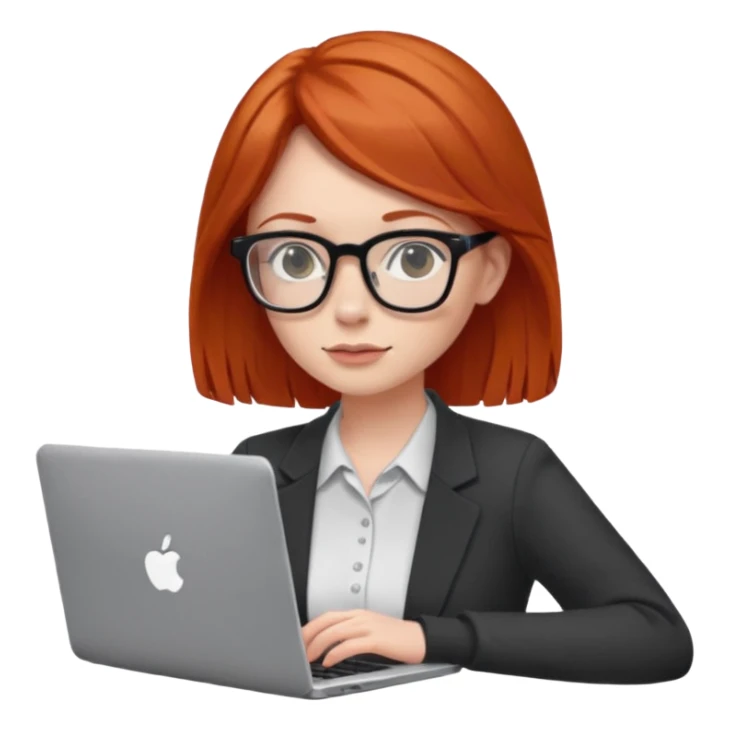 redhead female with glasses focused on a laptop sticker