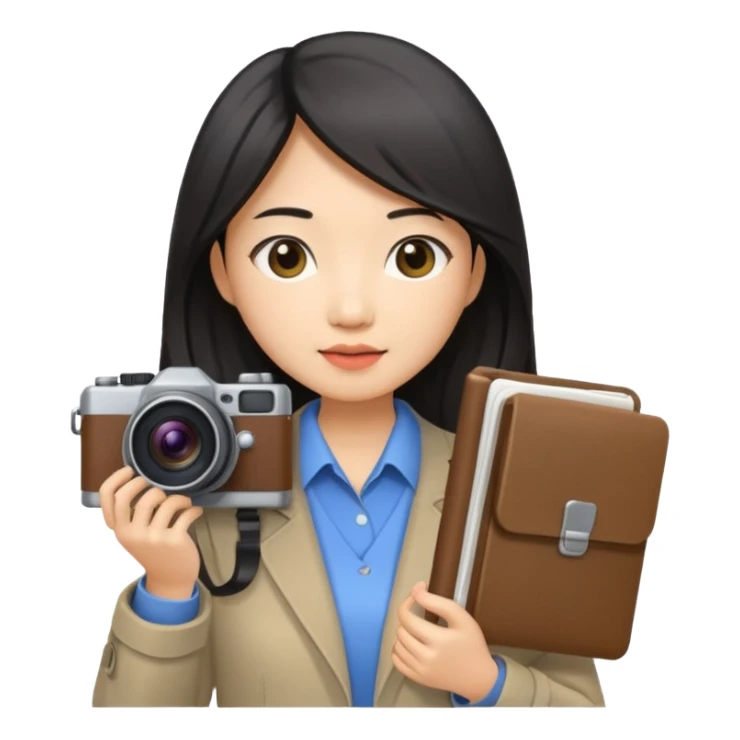 journalist asian woman long hair holding camera and notebook sticker