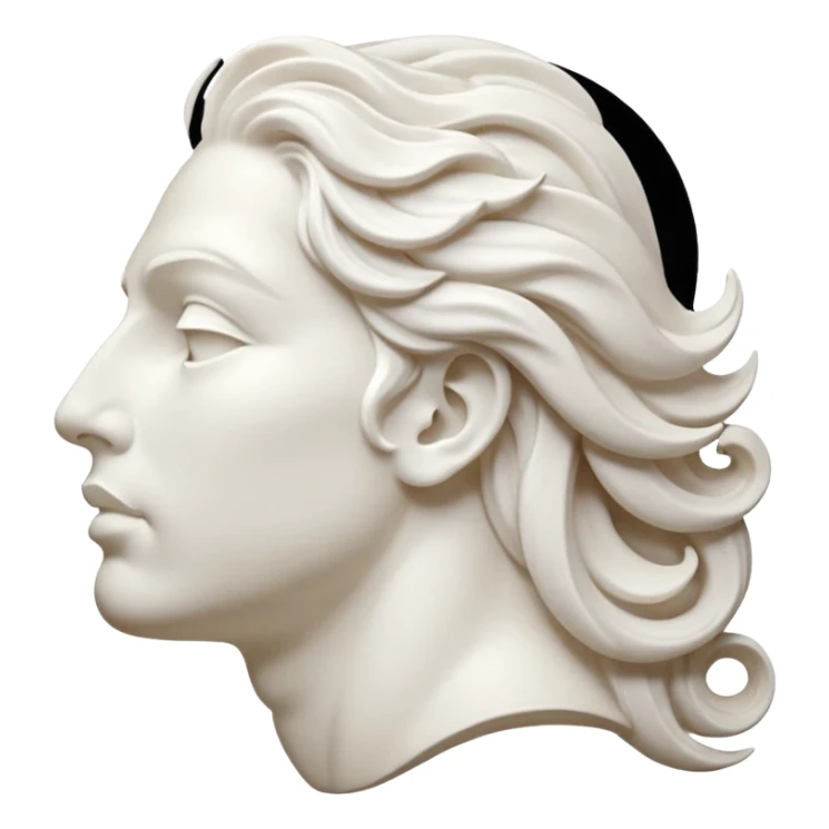 Create a stylized illustration of a classical face carved in white marble, shown in profile, gently blowing wind. The wind is depicted as decorative swirling lines emerging from the mouth.  sticker