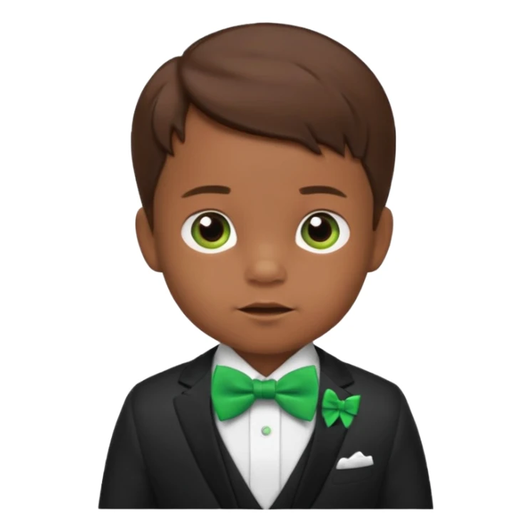 baby boy brown hair in suit, with green bow sticker