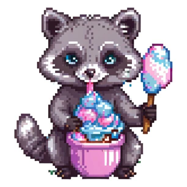 raccoon eating cotton candy, pixel art style sticker