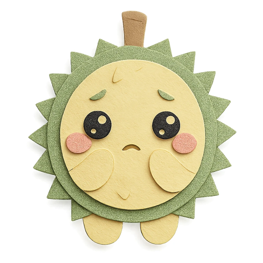 soft fluffy round durian in chibi style, green spiky shell, yellow flesh, blushing, shy, sparkly eyes, pastel tones, full-body sticker