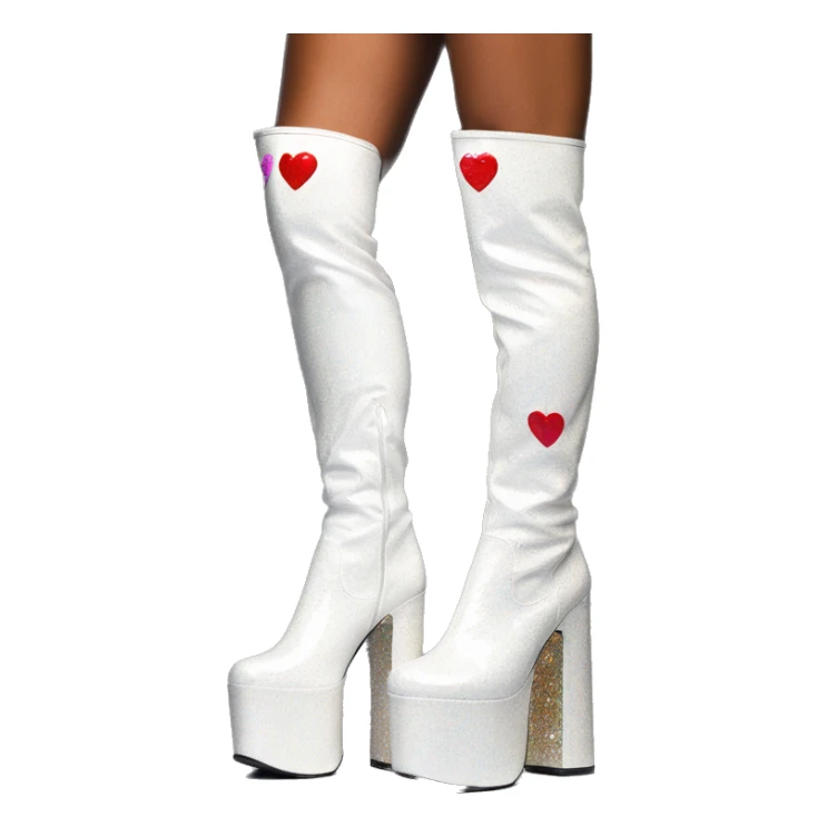 glittery white platform knee high gogo boot with heart cutout sticker