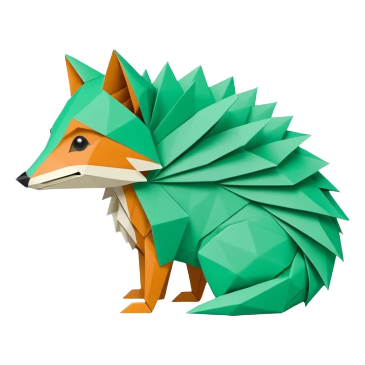 origami half fox half hedgehog in color green mint rgb(168, 251, 211)  #A8FBD3, include the tail of the fox it should not look like a disguise but all one piece sticker