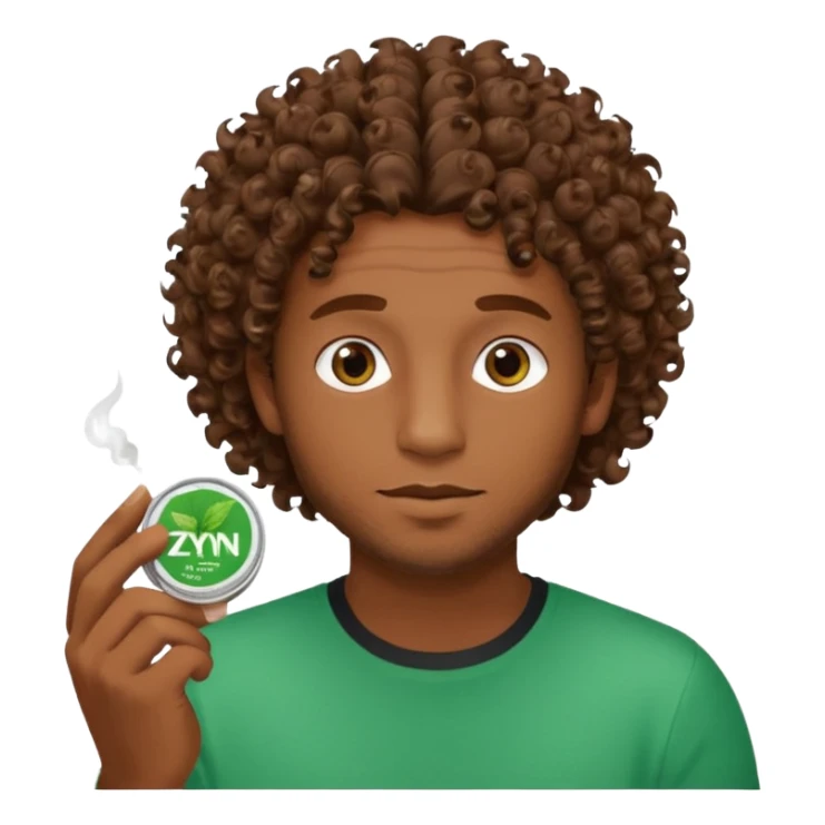 Man with Curley brown hairholding Zyn spearmint snus sticker