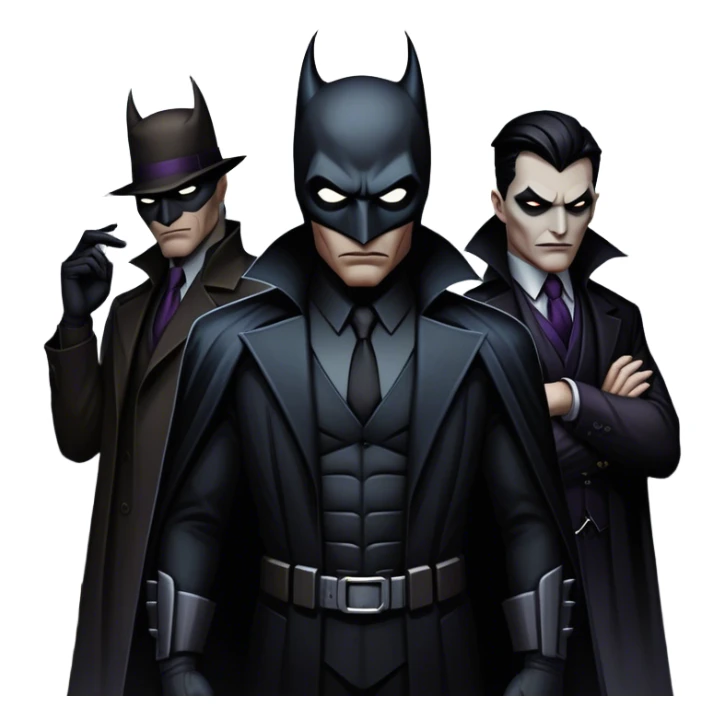 Icon for Thriller Movies: A large, dramatic collage featuring sinister villains in dark clothing. The background shows the gloomy cityscape of Gotham, with dim lighting and eerie shadows. The atmosphere should be tense, mysterious, and suspenseful. Transparent background. sticker