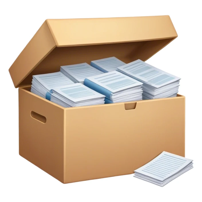 a huge box bursting with a lot of documents and papers sticker