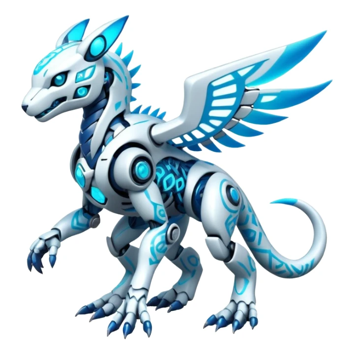 Futuristic mechanical modern badass cool shiny white with glowing cyan-blue animal Digimon Fakémon hybrid full body with intricate patterns sticker
