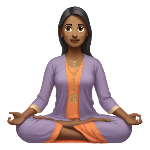 an  Indian woman, sleeveless pastel shirt
 yogi with a peaceful and meditative expression. The character should be wearing an orange robe, symbolizing traditional yogic attire. The yogi can be sitting in a lotus position sticker