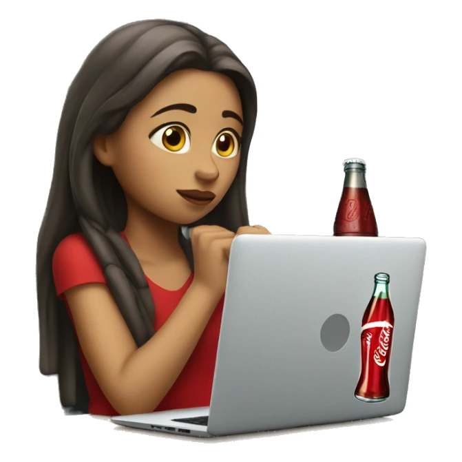 tired girl with laptop drinking coca-cola sticker