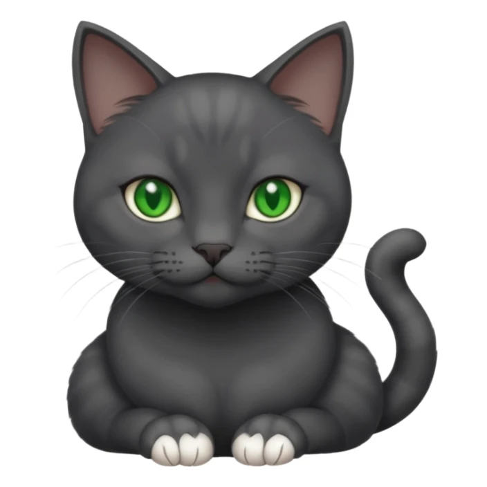 beautiful female solid dark grey cat with green eyes, white toes/paws and white patch on her chest playing sticker
