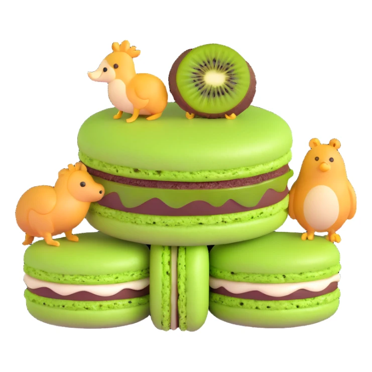 A green macaron with a kiwi slice on top, two animals peeking out, light green background with white stars, detailed texture sticker