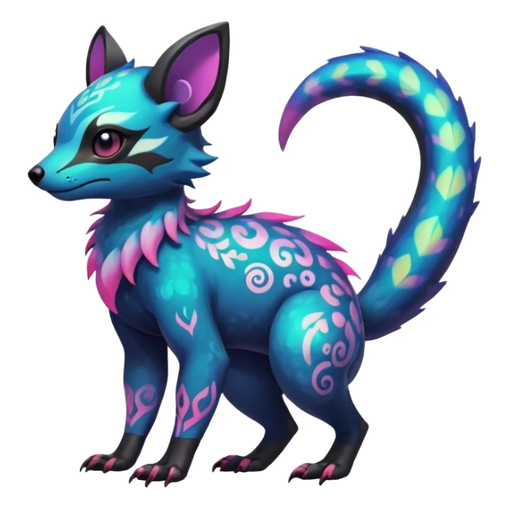 Rare neon iridescent white exotic cute epic aesthetic gothic colorful Salandit-Eevee-Civet-species-Fakemon-hybrid-creature, with intricate tattoo markings, full body sticker
