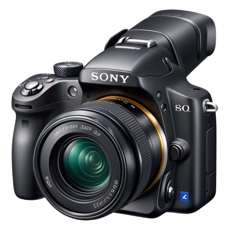DSLR camera, Sony Alpha DSLR-A230, professional black camera with lens sticker