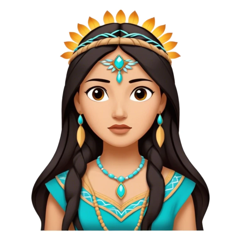 Cinematic Majestic Pocahontas Portrait Emoji, rendered in a clean, vector-style with bold shapes. Show Pocahontas with a serene, noble expression, radiant sun-kissed skin, and elegantly flowing dark hair, dressed in traditional garments with subtle turquoise accents. The design radiates a majestic, natural glow, high shine, and a soft glowing outline, capturing her regal beauty. sticker