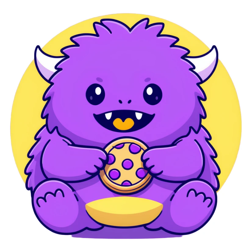 round extra cute purple fluffy monster eating a cookie sticker