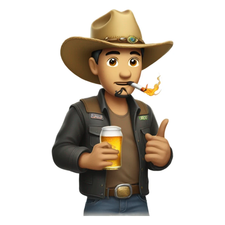 a chinese trucker with a dragon cowboy hat smoking a cigarette drinking a beer sticker