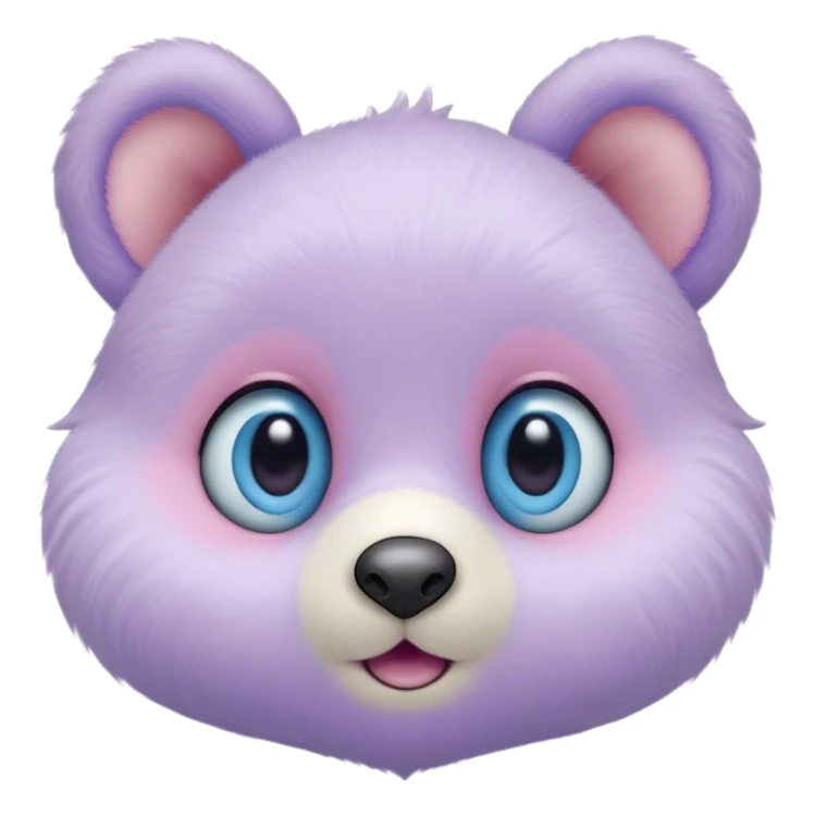 A creature with pastel purple fur and large pixar blue eyes and very small ears like a teddy bear. The nose is just a circle and very small pink. The base around the eyes, eyebrows, nose and mouth is white, blushing. sticker