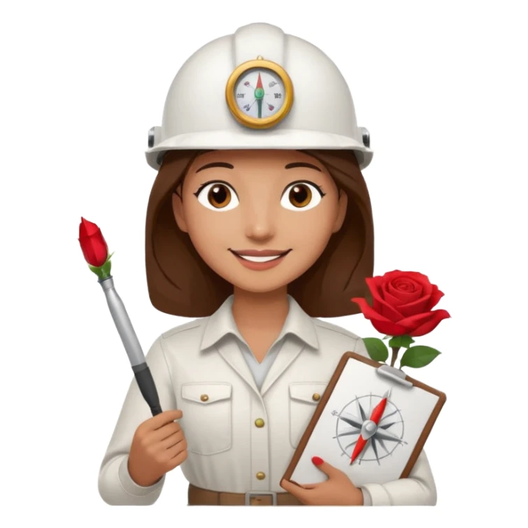 Architect with dark brown eyes, brown eyelashes, shoulder-length brown hair, smiling, white helmet, drawing compass, and rose. sticker