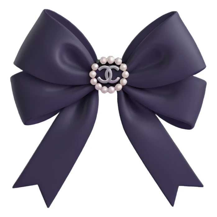 Change the bow to a velvet bow, keep pearls and silver Chanel logo, elegant, glossy, black and white, 3D emoji style. sticker