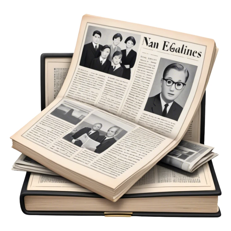 Icon for Non-Fiction & Narrative Reading: an open book with black-and-white photos on the pages, surrounded by a pile of newspaper clippings, and an open folder with top-secret documents. The icon should reflect the blend of real stories and facts in non-fiction literature. Transparent background. sticker