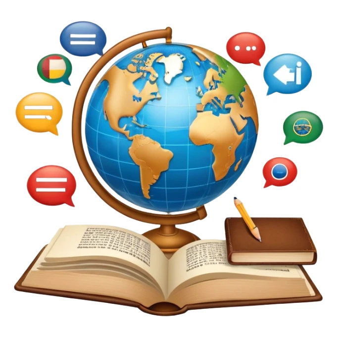 An icon featuring a globe with speech bubbles in different languages, symbolizing the study of foreign languages. The design includes a book and a pencil, representing learning and communication across cultures. Transparent background highlights the global nature of language education. sticker