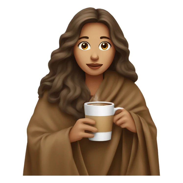 Brown long hair lady wearing light brown blanket drinking coffee  sticker