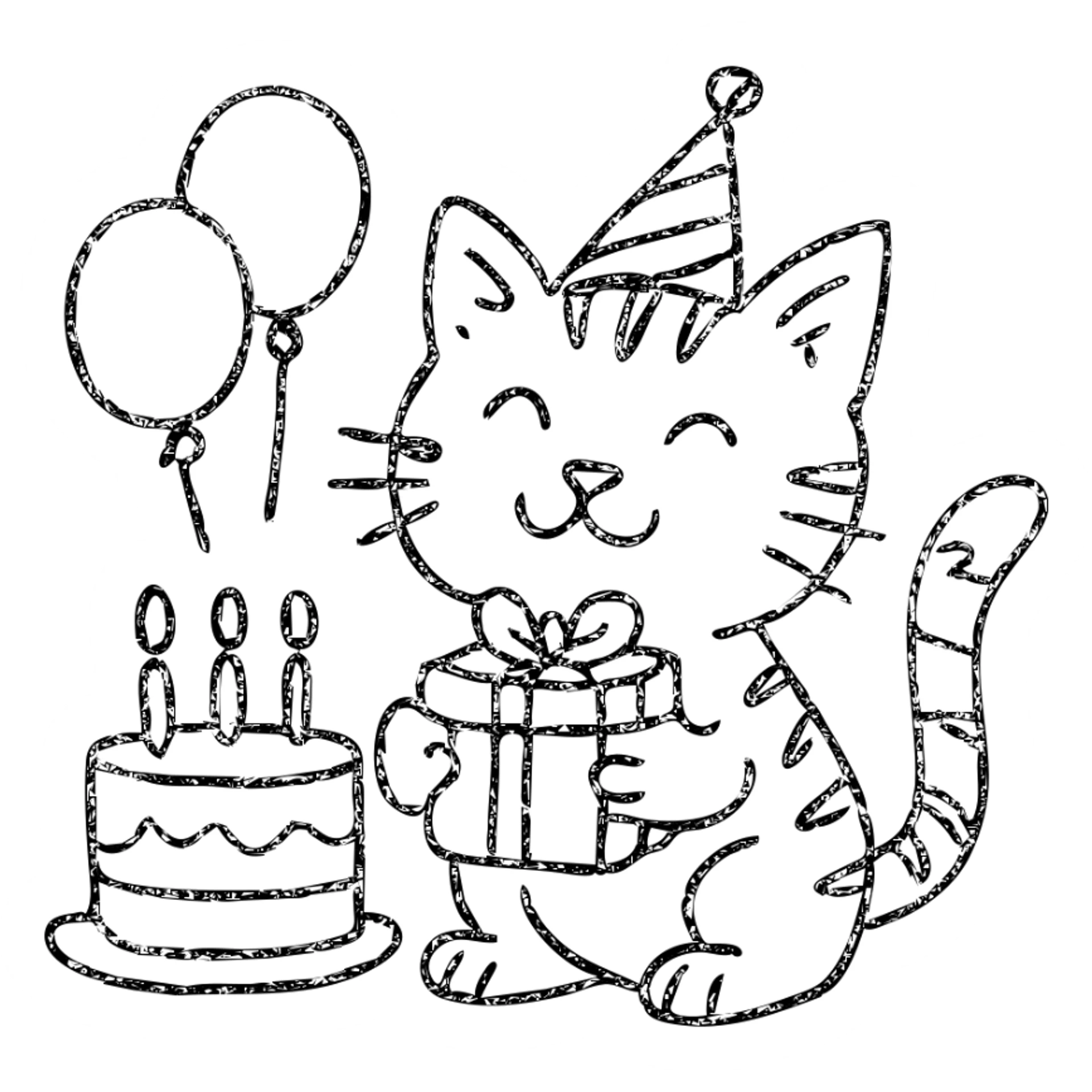 outlined icon of a playful tabby kitten, birthday hat, holding a gift, with cake and balloons in the background sticker