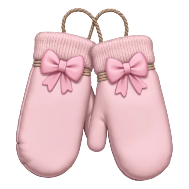 pastel pink pair of mittens connected by string and a bow sticker