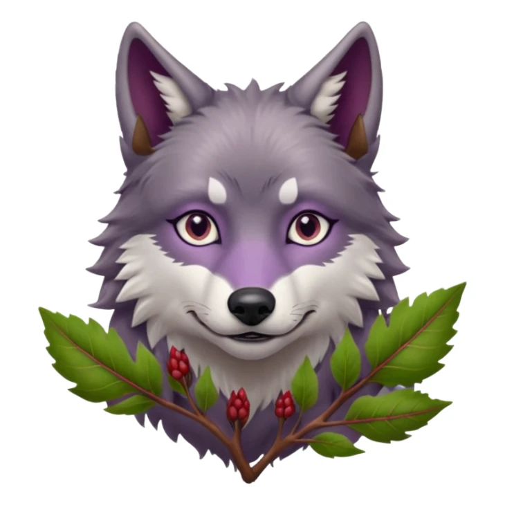 A wolf with lilac gray eyes and holding a weirwood leaf sticker