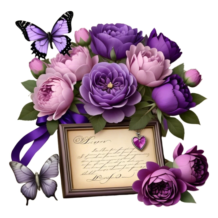 An antique love letter bundle, bound delicately with a purple silk ribbon, rests beside an arrangement of dried blush violet roses, lilac peonies, and soft purple dahlias, while a silver butterfly brooch adorned with pearls seems to pause, captivated by the deep violet inked calligraphy flowing across the aged parchment. sticker