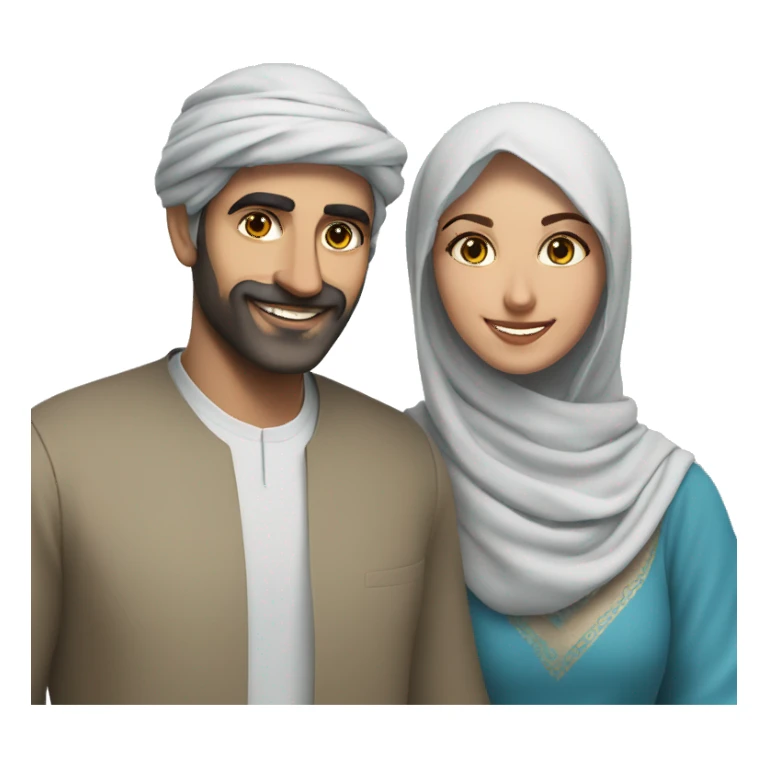 smiling couple under blue sky, the arab man has a black barb sticker