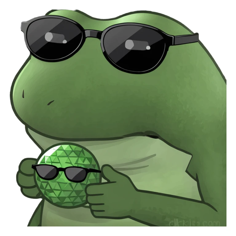 bufo with triangle shaped 8 bit sunglasses full black, confident smile, with a mini black powerful orb in his hand sticker